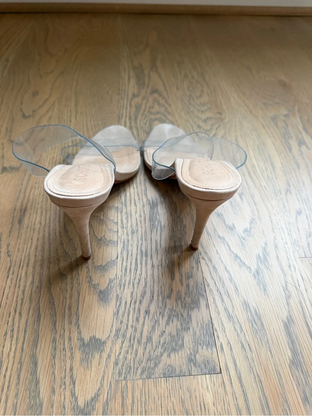 Schutz Ariel’s Clear Strap Suede Heels in Beige